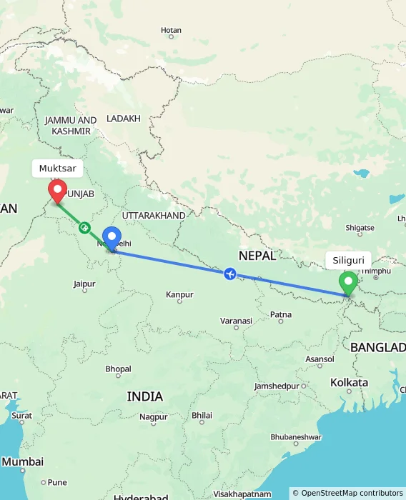 Route map showing distance and travel time from Siliguri, India to Muktsar, India