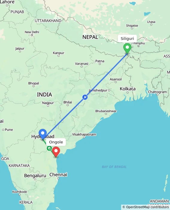 Route map showing distance and travel time from Siliguri, India to Ongole, India
