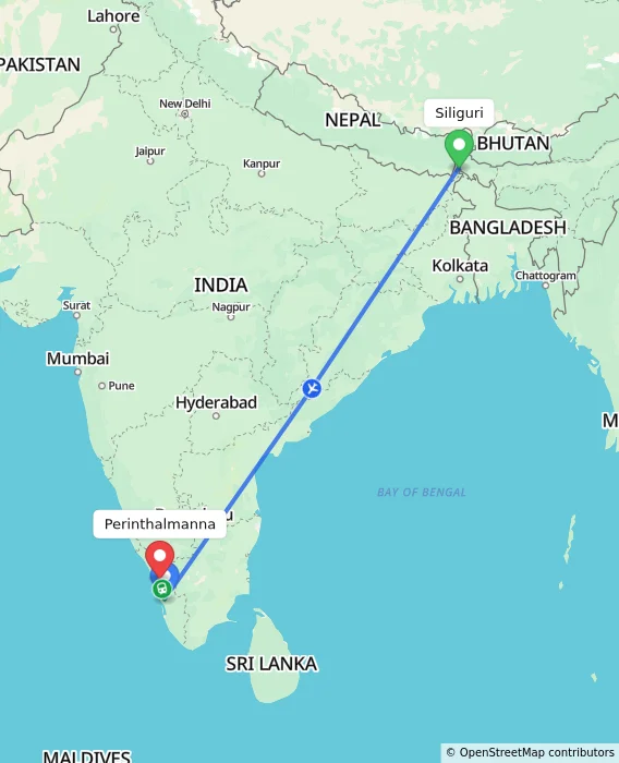 Route map showing distance and travel time from Siliguri, India to Perinthalmanna, India