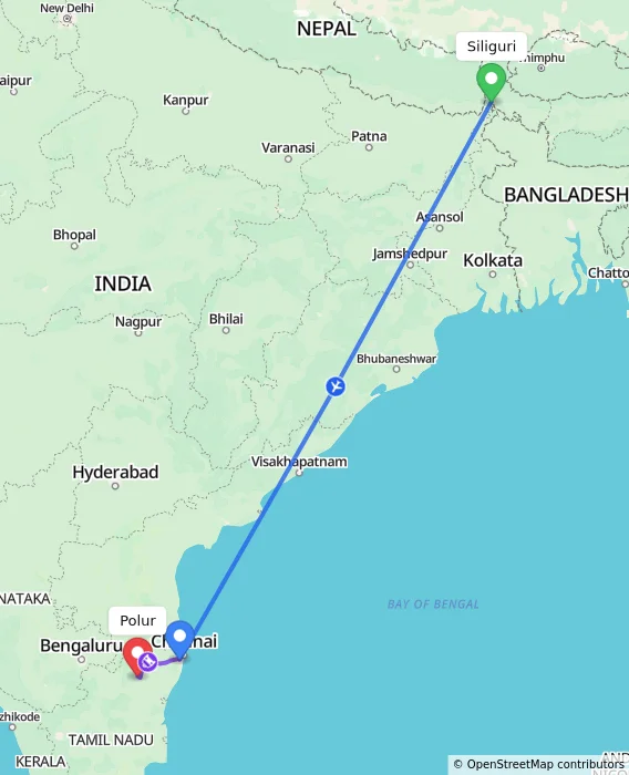 Route map showing distance and travel time from Siliguri, India to Polur, India