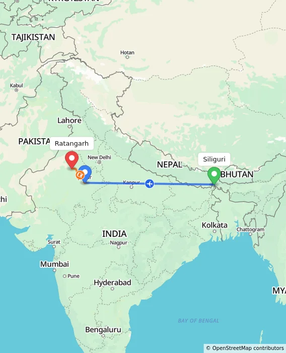 Route map showing distance and travel time from Siliguri, India to Ratangarh, India