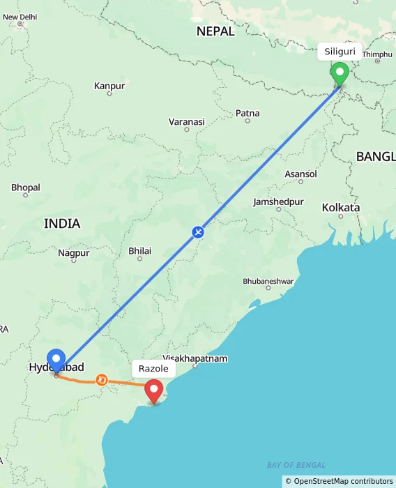 Route map showing distance and travel time from Siliguri, India to Razole, India