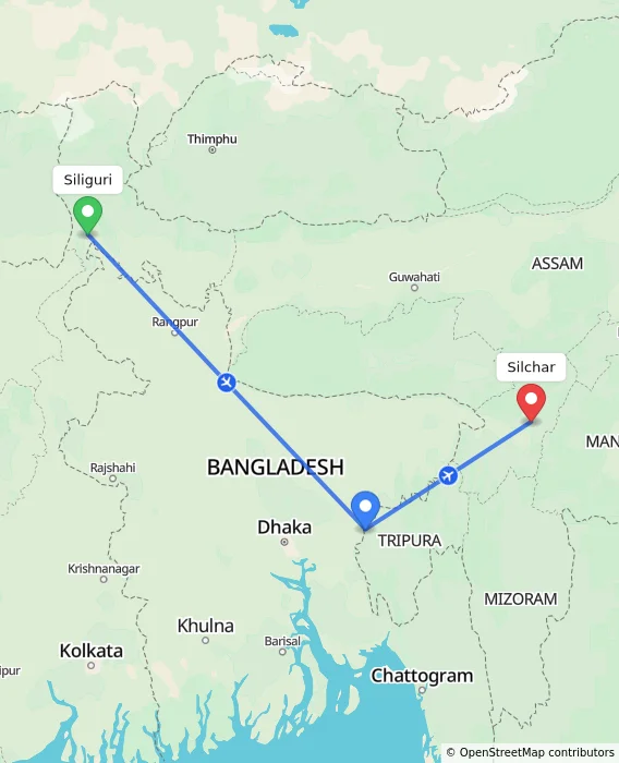 Route map showing distance and travel time from Siliguri, India to Silchar, India