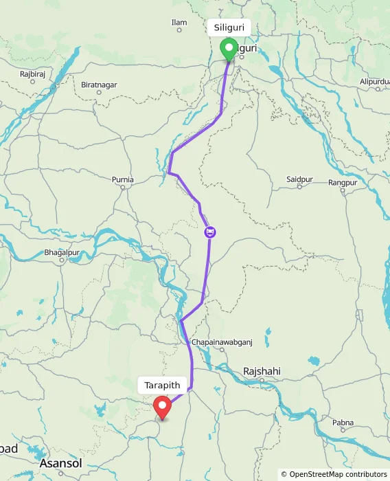 Route map showing distance and travel time from Siliguri, India to Tarapith, India