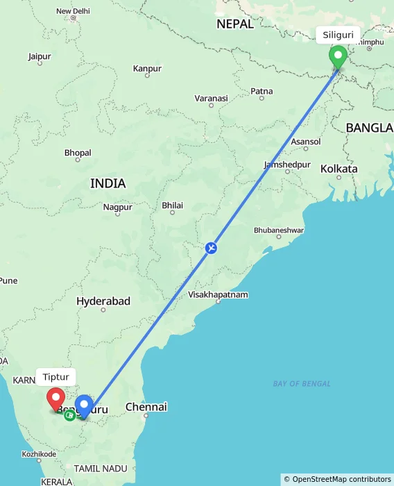 Route map showing distance and travel time from Siliguri, India to Tiptur, India
