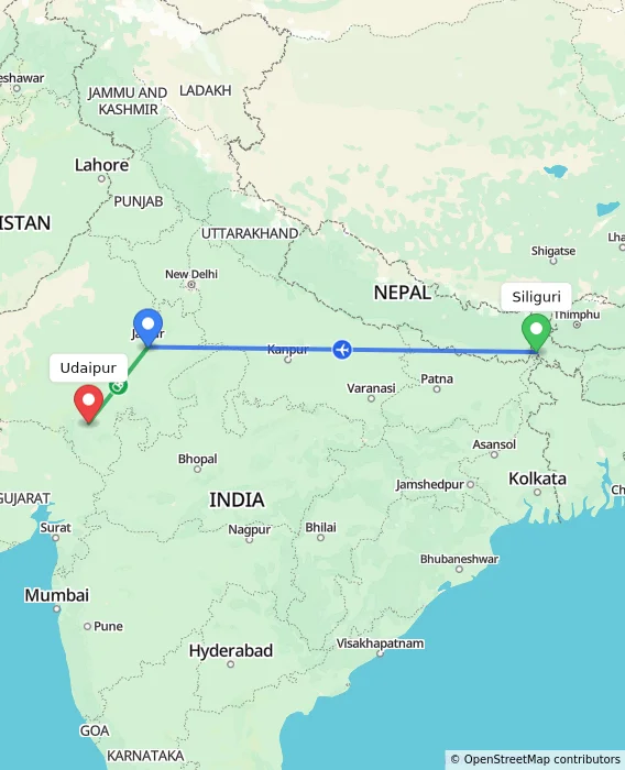 Route map showing distance and travel time from Siliguri, India to Udaipur, India