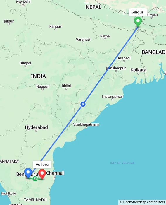 Route map showing distance and travel time from Siliguri, India to Vellore, India