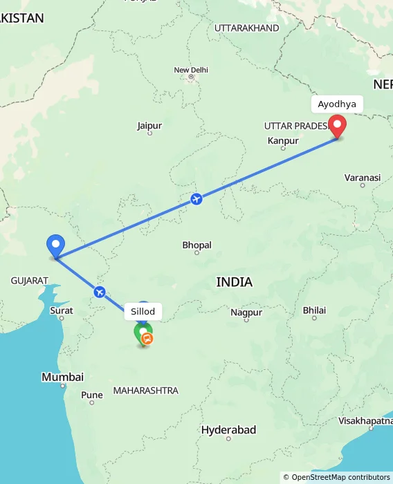 Route map showing distance and travel time from Sillod, India to Ayodhya, India