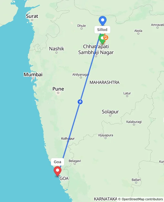 Route map showing distance and travel time from Sillod, India to Goa, India