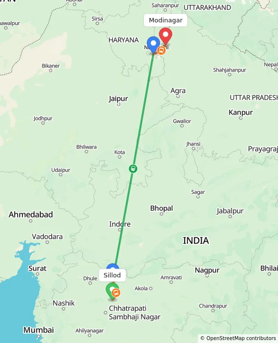 Route map showing distance and travel time from Sillod, India to Modinagar, India