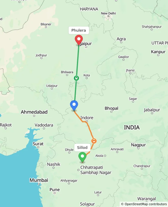 Route map showing distance and travel time from Sillod, India to Phulera, India