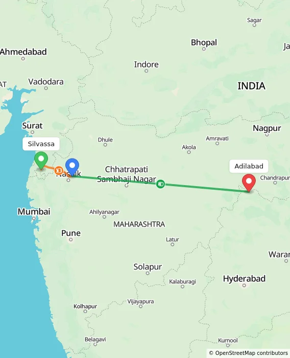 Route map showing distance and travel time from Silvassa, India to Adilabad, India