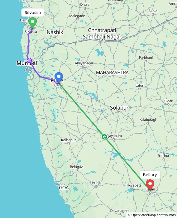Route map showing distance and travel time from Silvassa, India to Bellary, India