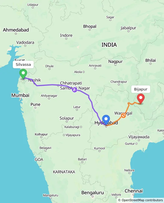 Route map showing distance and travel time from Silvassa, India to Bijapur, India