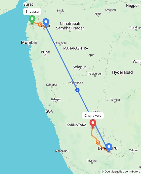 Route map showing distance and travel time from Silvassa, India to Challakere, India