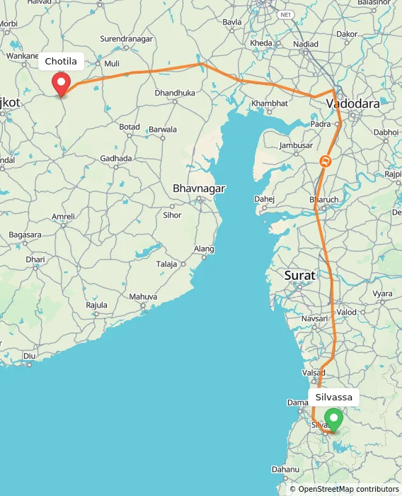 Route map showing distance and travel time from Silvassa, India to Chotila, India