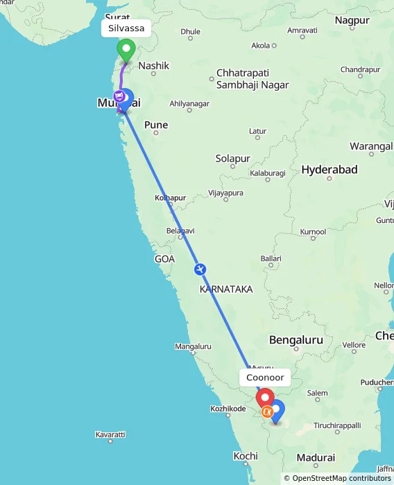 Route map showing distance and travel time from Silvassa, India to Coonoor, India