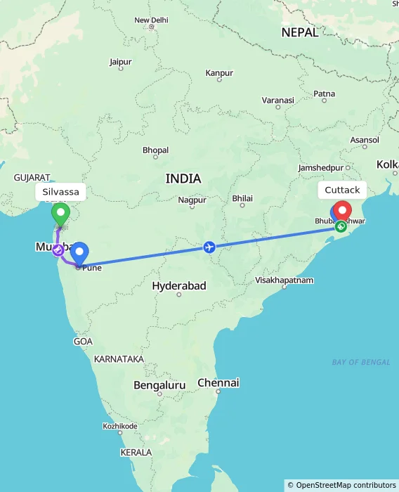 Route map showing distance and travel time from Silvassa, India to Cuttack, India