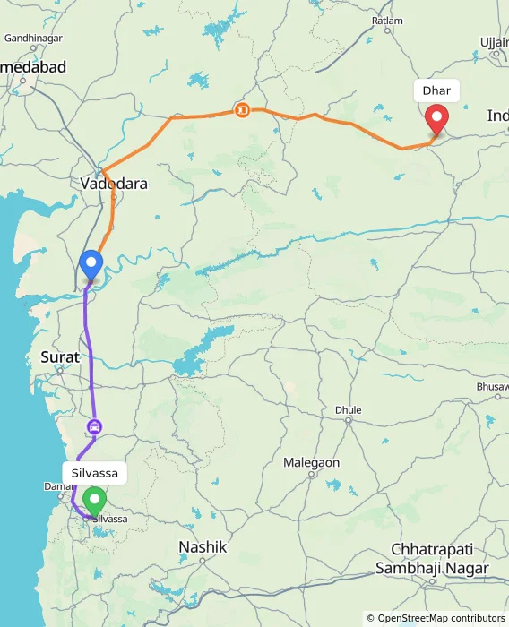 Route map showing distance and travel time from Silvassa, India to Dhar, India