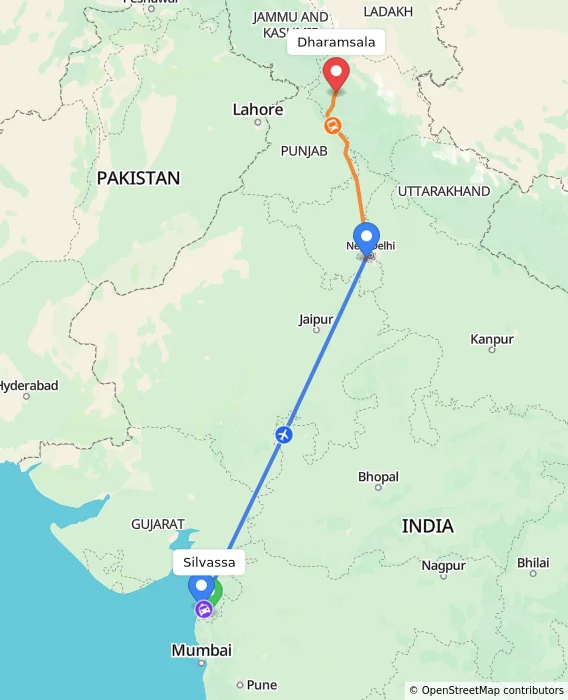 Route map showing distance and travel time from Silvassa, India to Dharamsala, India