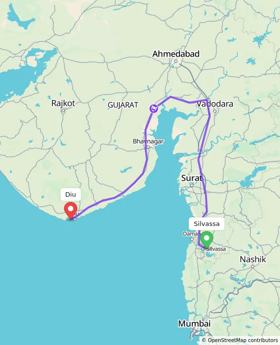 Route map showing distance and travel time from Silvassa, India to Diu, India