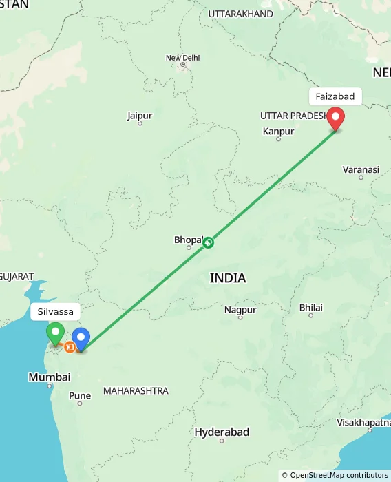 Route map showing distance and travel time from Silvassa, India to Faizabad, India