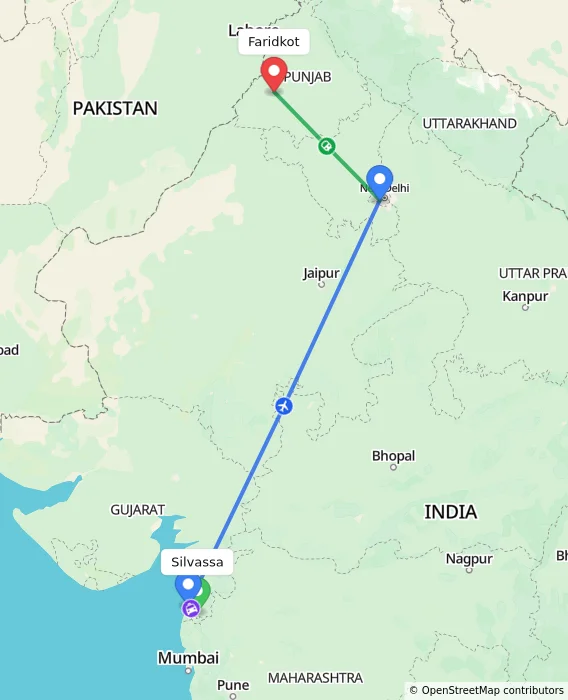 Route map showing distance and travel time from Silvassa, India to Faridkot, India