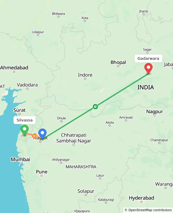 Route map showing distance and travel time from Silvassa, India to Gadarwara, India