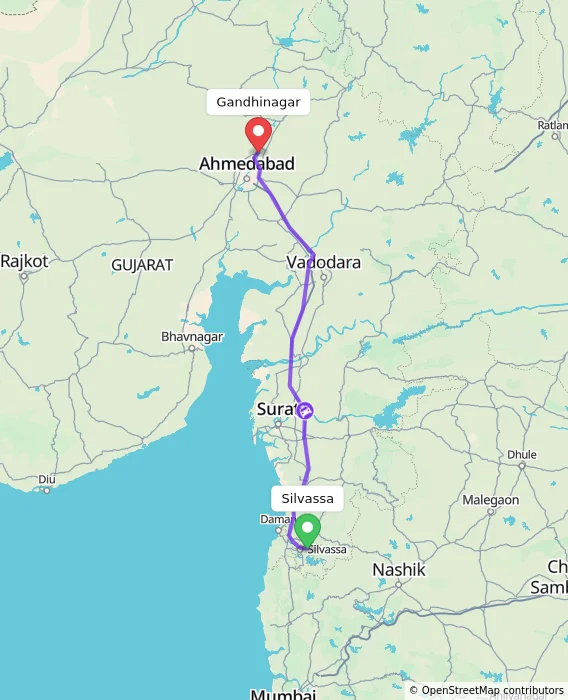 Route map showing distance and travel time from Silvassa, India to Gandhinagar, India