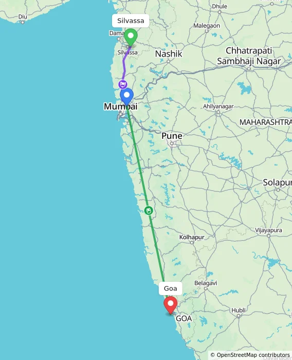 Route map showing distance and travel time from Silvassa, India to Goa, India