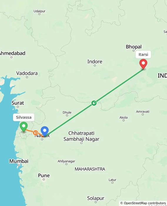 Route map showing distance and travel time from Silvassa, India to Itarsi, India