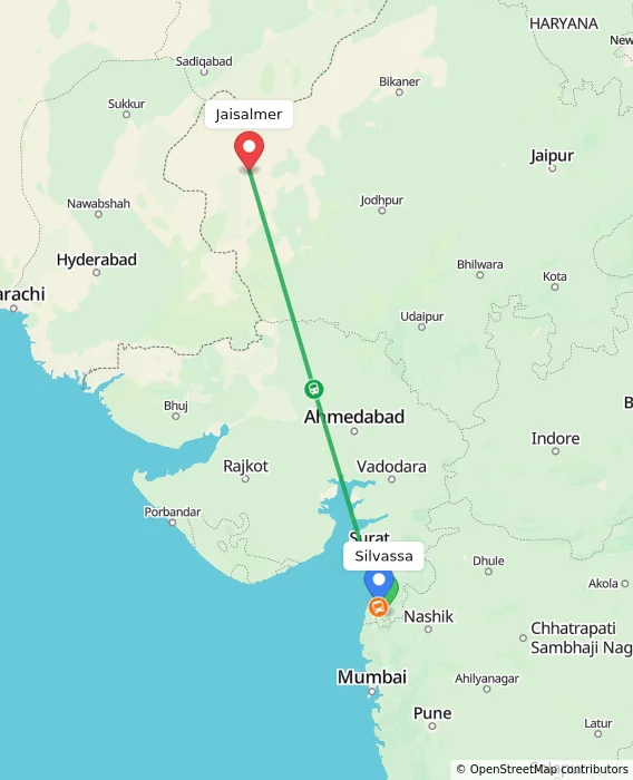 Route map showing distance and travel time from Silvassa, India to Jaisalmer, India