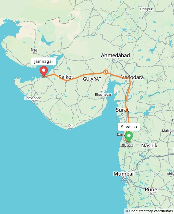 Route map showing distance and travel time from Silvassa, India to Jamnagar, India