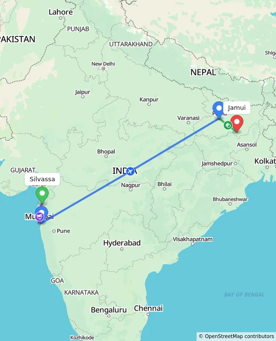 Route map showing distance and travel time from Silvassa, India to Jamui, India