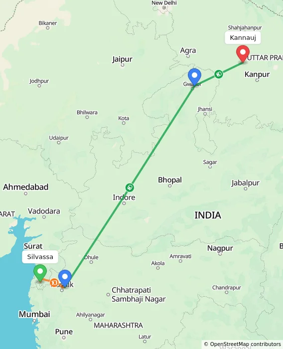 Route map showing distance and travel time from Silvassa, India to Kannauj, India