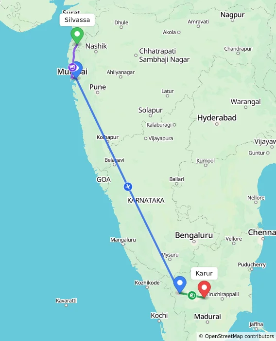 Route map showing distance and travel time from Silvassa, India to Karur, India