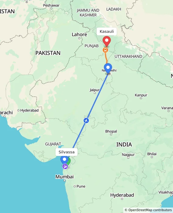 Route map showing distance and travel time from Silvassa, India to Kasauli, India