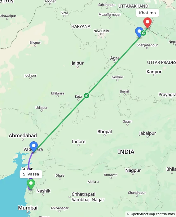 Route map showing distance and travel time from Silvassa, India to Khatima, India