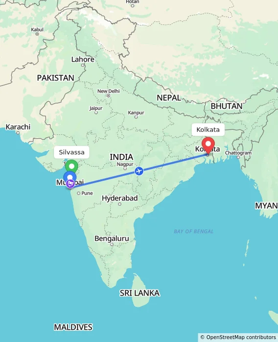 Route map showing distance and travel time from Silvassa, India to Kolkata, India