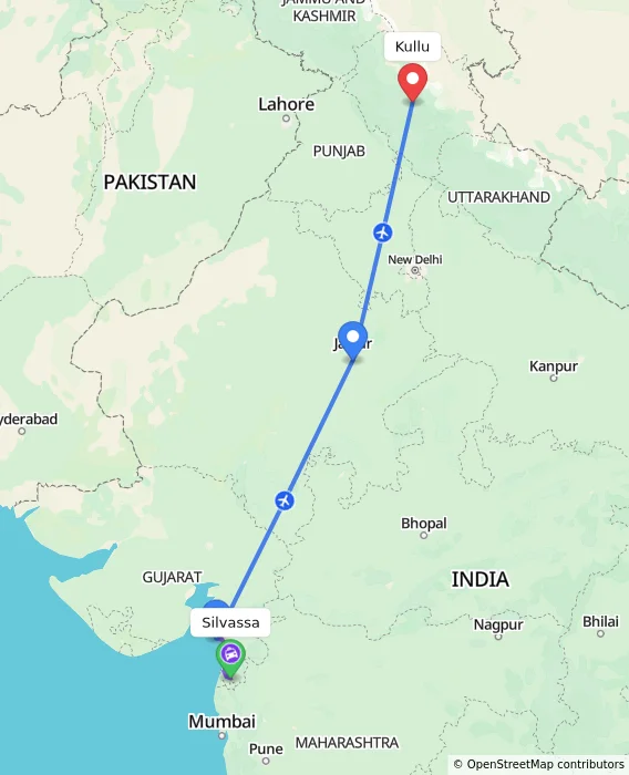 Route map showing distance and travel time from Silvassa, India to Kullu, India