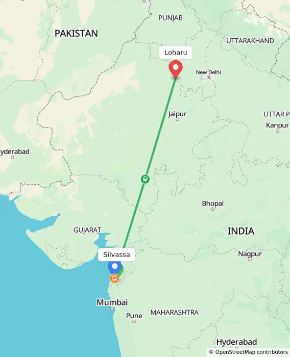 Route map showing distance and travel time from Silvassa, India to Loharu, India