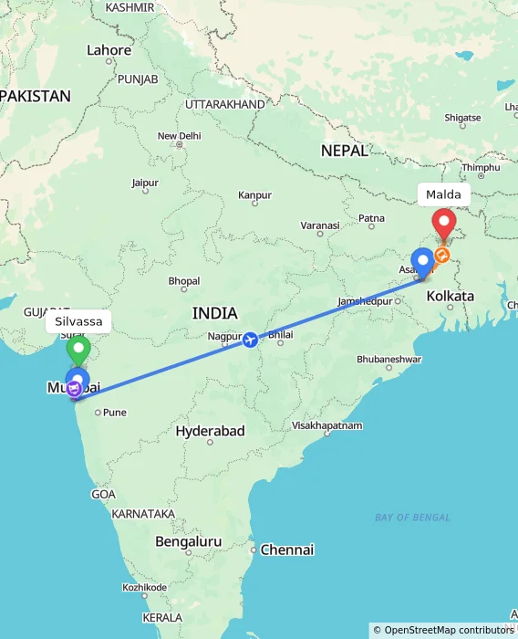 Route map showing distance and travel time from Silvassa, India to Malda, India