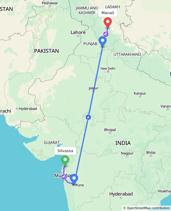 Route map showing distance and travel time from Silvassa, India to Manali, India
