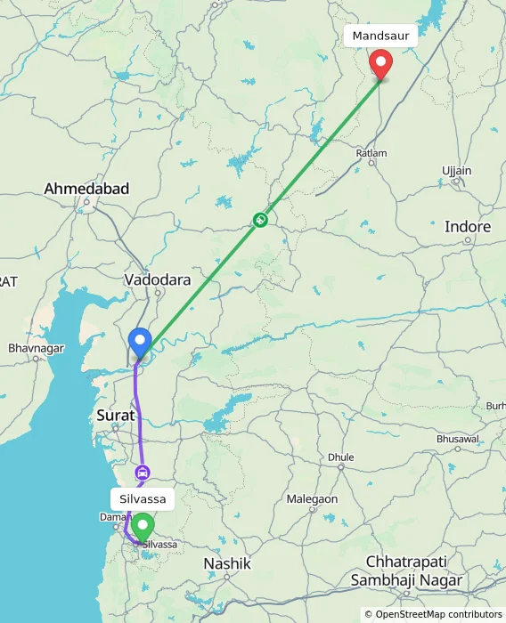 Route map showing distance and travel time from Silvassa, India to Mandsaur, India
