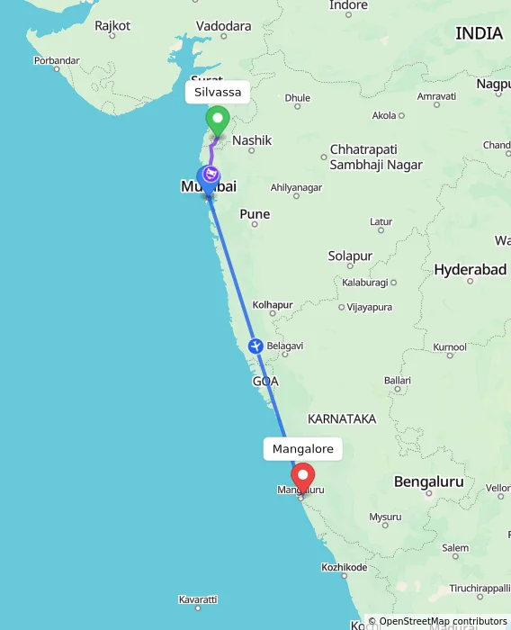Route map showing distance and travel time from Silvassa, India to Mangalore, India