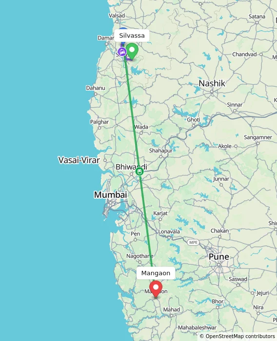 Route map showing distance and travel time from Silvassa, India to Mangaon, India