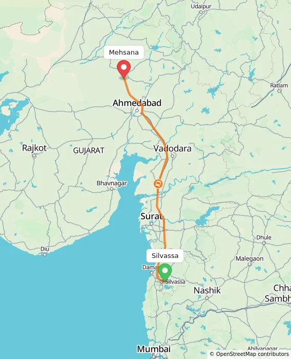 Route map showing distance and travel time from Silvassa, India to Mehsana, India