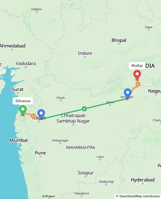 Route map showing distance and travel time from Silvassa, India to Multai, India