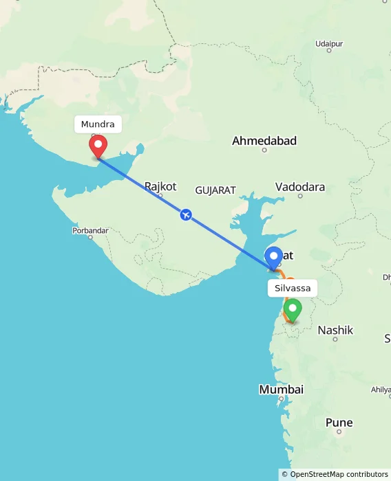 Route map showing distance and travel time from Silvassa, India to Mundra, India