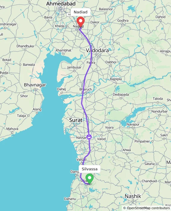 Route map showing distance and travel time from Silvassa, India to Nadiad, India